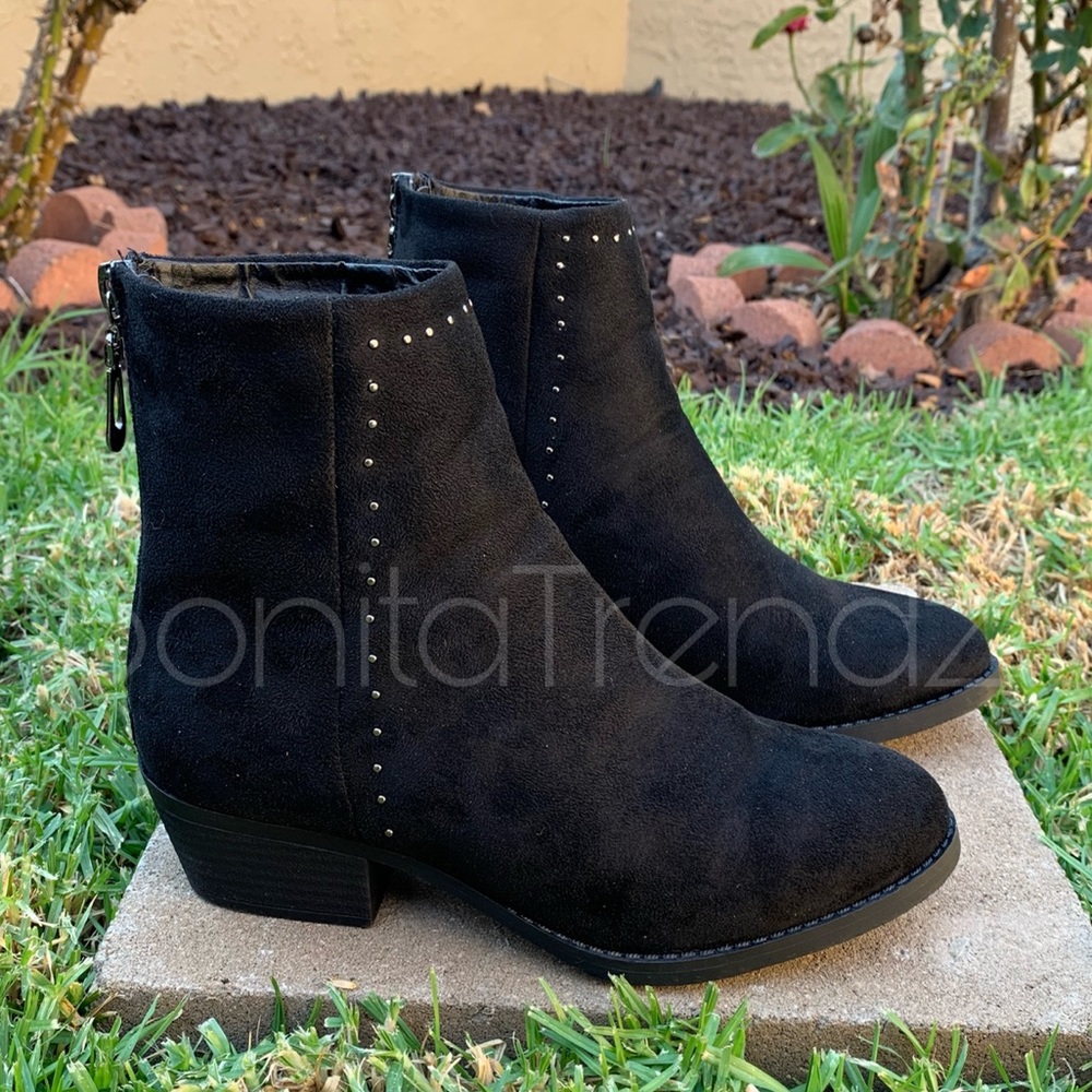 Black Studded Vegan Suede Ankle Boots